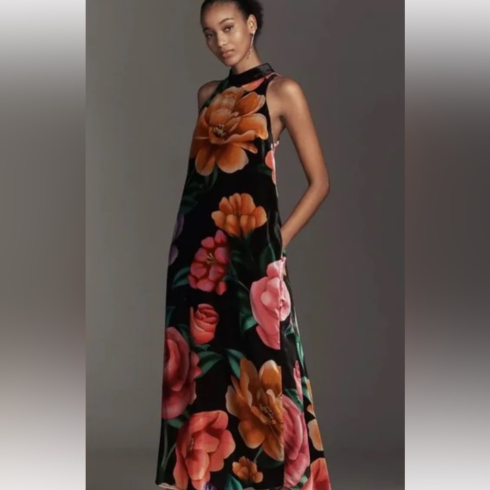 FARM Rio Anthropologie Black Midi Dress with Multicolor Floral Design NWT